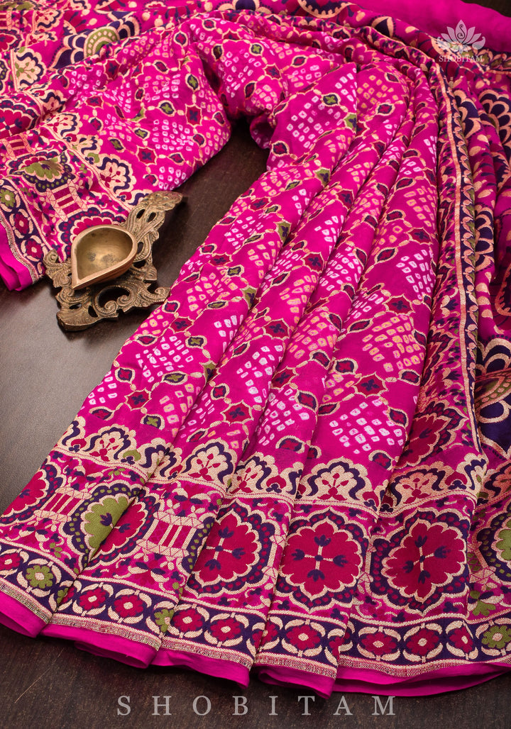 Exclusive Design Multi - Meenakari Jaal Pure Georgette Banarasi Saree with Authentic Hand Bandhej in Pink | SILK MARK CERTIFIED
