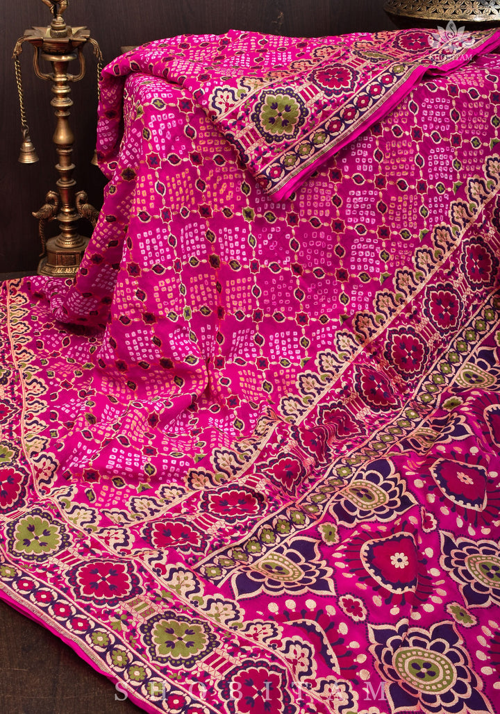 Exclusive Design Multi - Meenakari Jaal Pure Georgette Banarasi Saree with Authentic Hand Bandhej in Pink | SILK MARK CERTIFIED