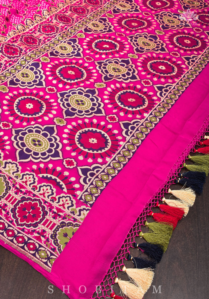 Exclusive Design Multi - Meenakari Jaal Pure Georgette Banarasi Saree with Authentic Hand Bandhej in Pink | SILK MARK CERTIFIED