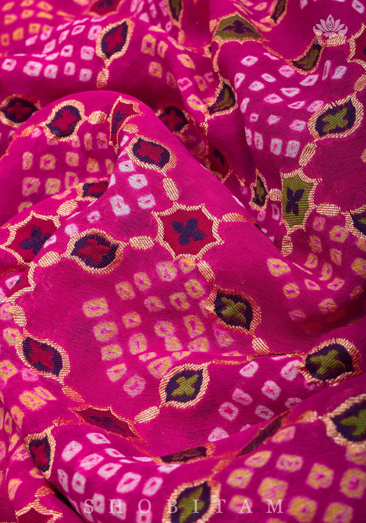 Exclusive Design Multi - Meenakari Jaal Pure Georgette Banarasi Saree with Authentic Hand Bandhej in Pink | SILK MARK CERTIFIED