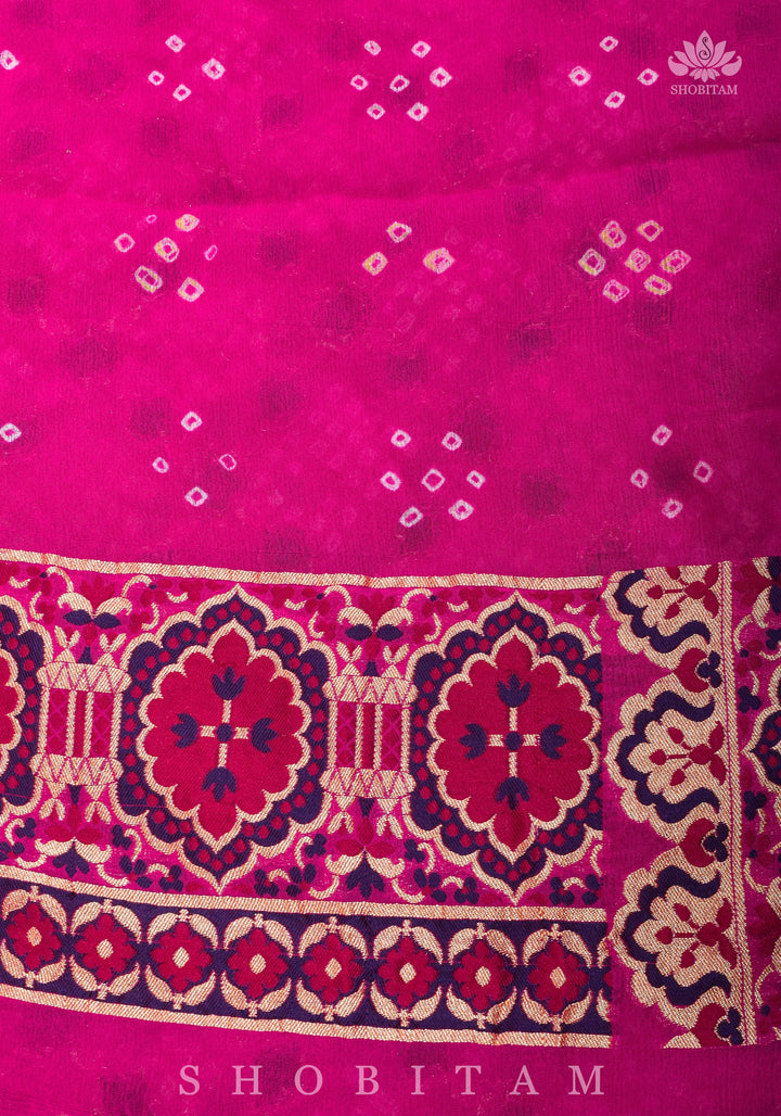 Exclusive Design Multi - Meenakari Jaal Pure Georgette Banarasi Saree with Authentic Hand Bandhej in Pink | SILK MARK CERTIFIED