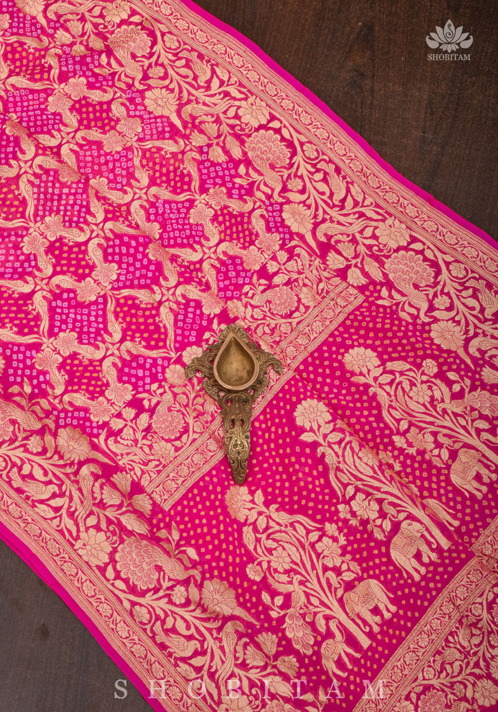 Peacock & Parrot Jaal, Paalki Border Bandhej Pure Banarasi Silk Georgette Saree in Shades of Pink  | SILK MARK CERTIFIED