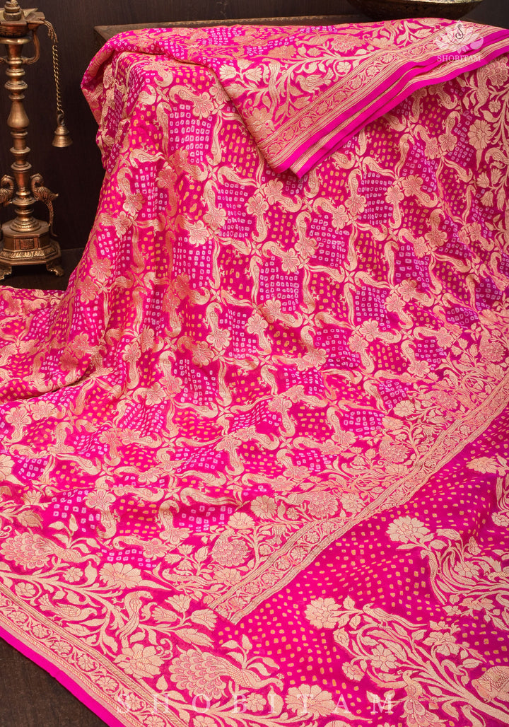 Peacock & Parrot Jaal, Paalki Border Bandhej Pure Banarasi Silk Georgette Saree in Shades of Pink  | SILK MARK CERTIFIED
