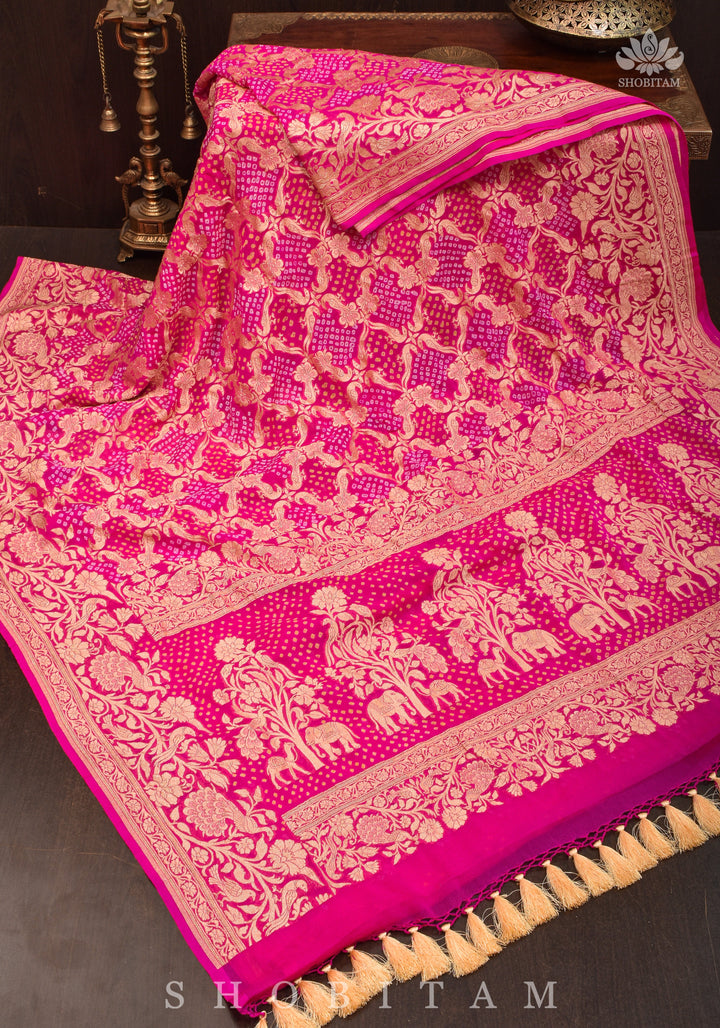 Peacock & Parrot Jaal, Paalki Border Bandhej Pure Banarasi Silk Georgette Saree in Shades of Pink  | SILK MARK CERTIFIED