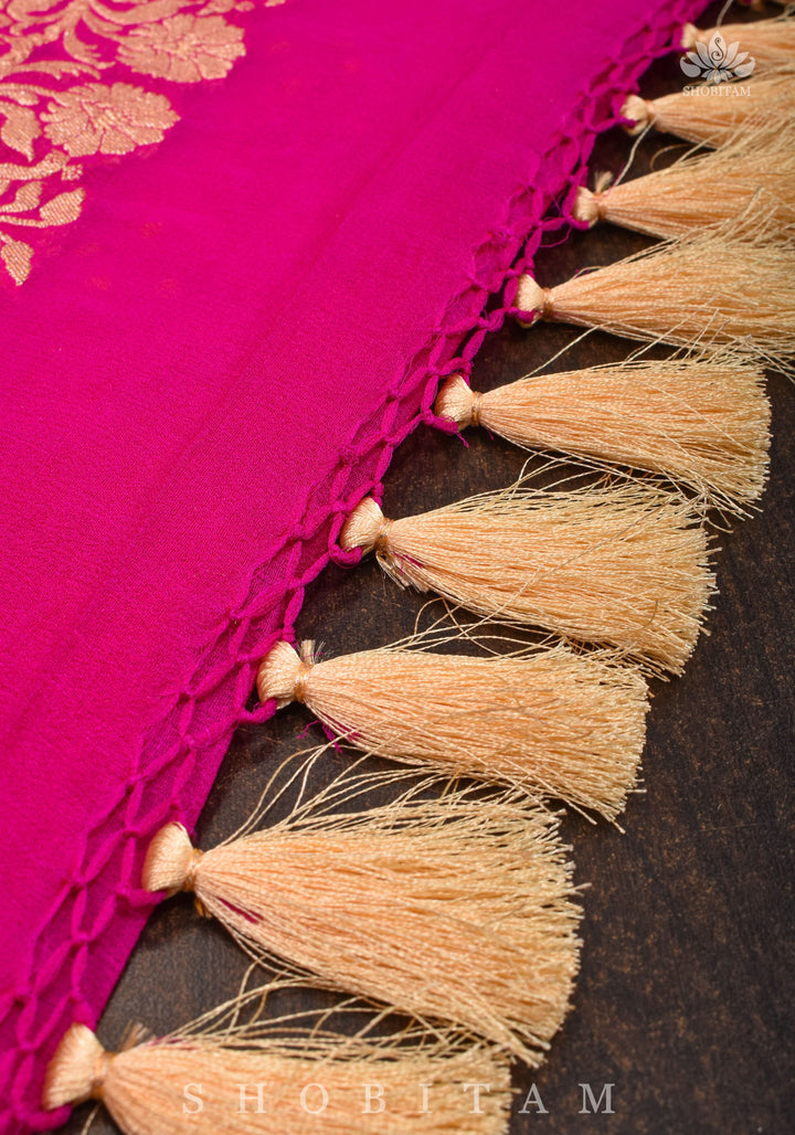 Peacock & Parrot Jaal, Paalki Border Bandhej Pure Banarasi Silk Georgette Saree in Shades of Pink  | SILK MARK CERTIFIED