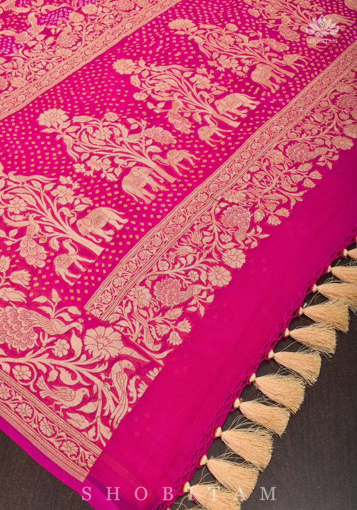 Peacock & Parrot Jaal, Paalki Border Bandhej Pure Banarasi Silk Georgette Saree in Shades of Pink  | SILK MARK CERTIFIED
