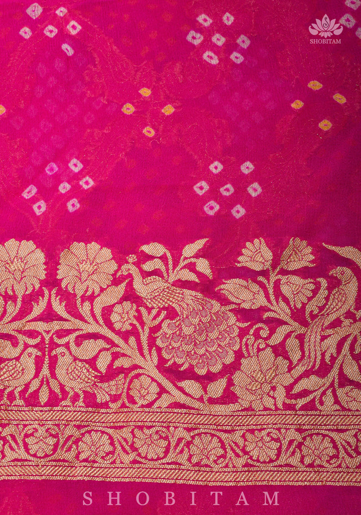 Peacock & Parrot Jaal, Paalki Border Bandhej Pure Banarasi Silk Georgette Saree in Shades of Pink  | SILK MARK CERTIFIED