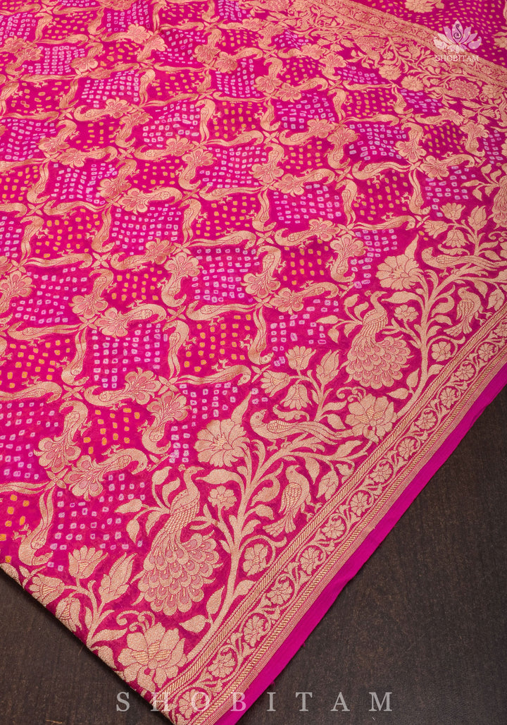 Peacock & Parrot Jaal, Paalki Border Bandhej Pure Banarasi Silk Georgette Saree in Shades of Pink  | SILK MARK CERTIFIED