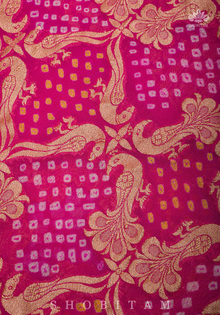 Peacock & Parrot Jaal, Paalki Border Bandhej Pure Banarasi Silk Georgette Saree in Shades of Pink  | SILK MARK CERTIFIED