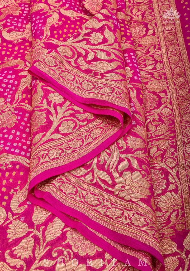 Peacock & Parrot Jaal, Paalki Border Bandhej Pure Banarasi Silk Georgette Saree in Shades of Pink  | SILK MARK CERTIFIED