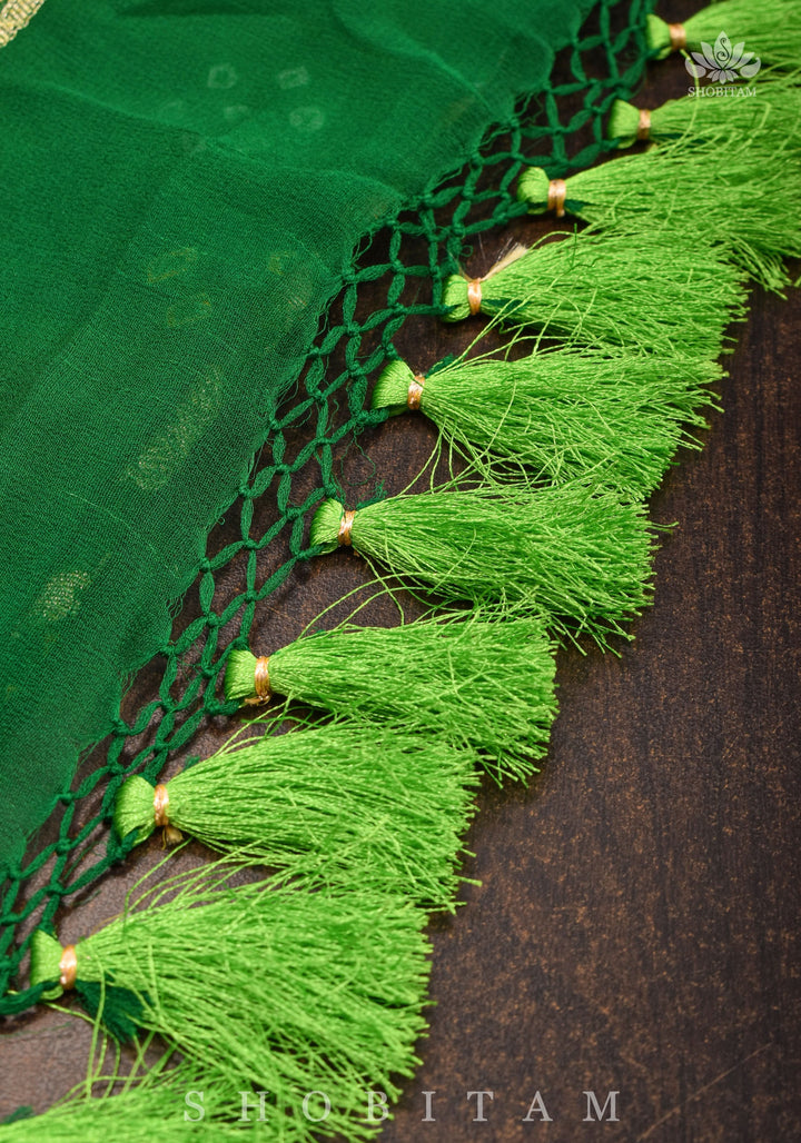 Authentic Hand Bandhej Banarasi Silk Georgette Saree in Ombre shades of Green  | SILK MARK CERTIFIED