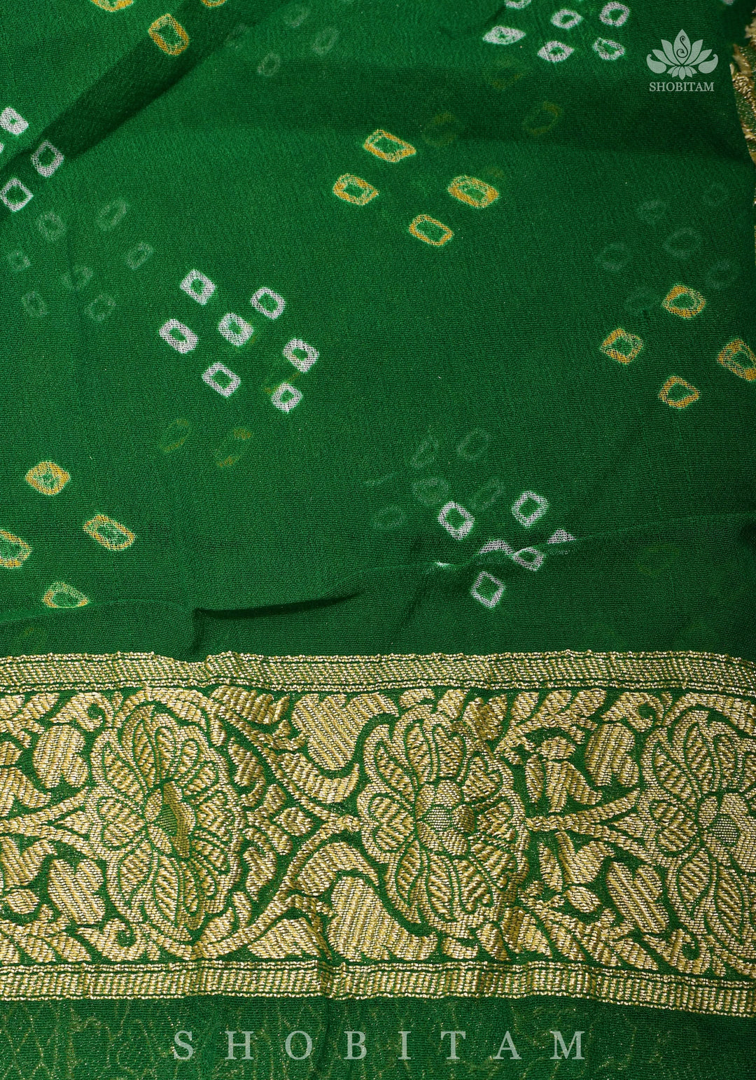 Authentic Hand Bandhej Banarasi Silk Georgette Saree in Ombre shades of Green  | SILK MARK CERTIFIED