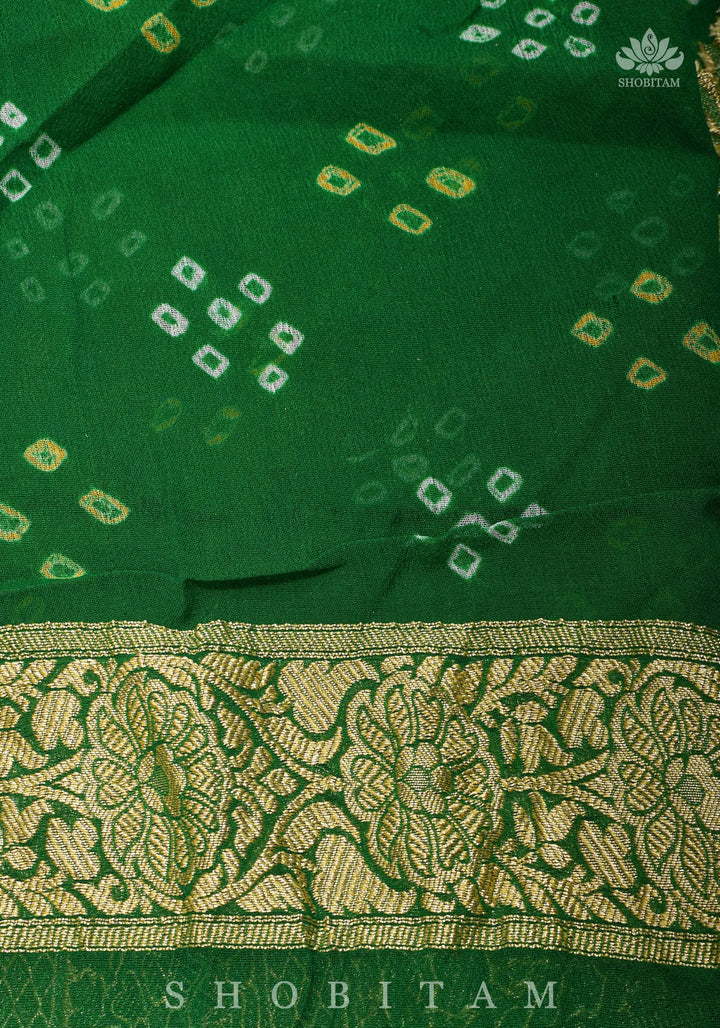 Authentic Hand Bandhej Banarasi Silk Georgette Saree in Ombre shades of Green  | SILK MARK CERTIFIED