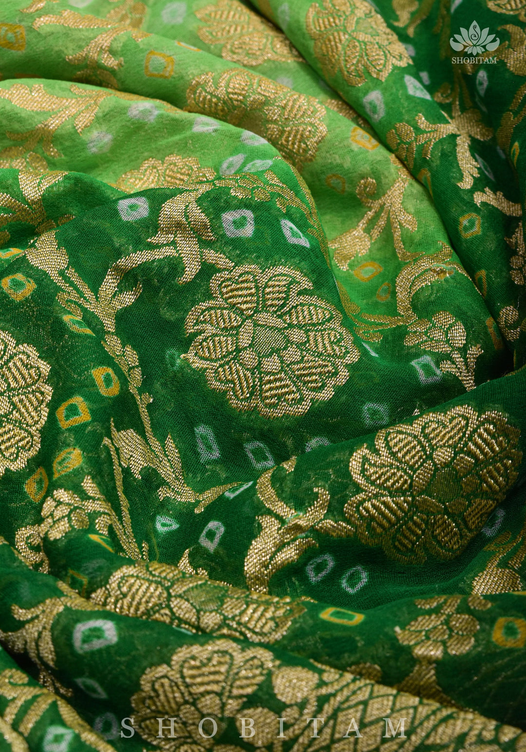 Authentic Hand Bandhej Banarasi Silk Georgette Saree in Ombre shades of Green  | SILK MARK CERTIFIED