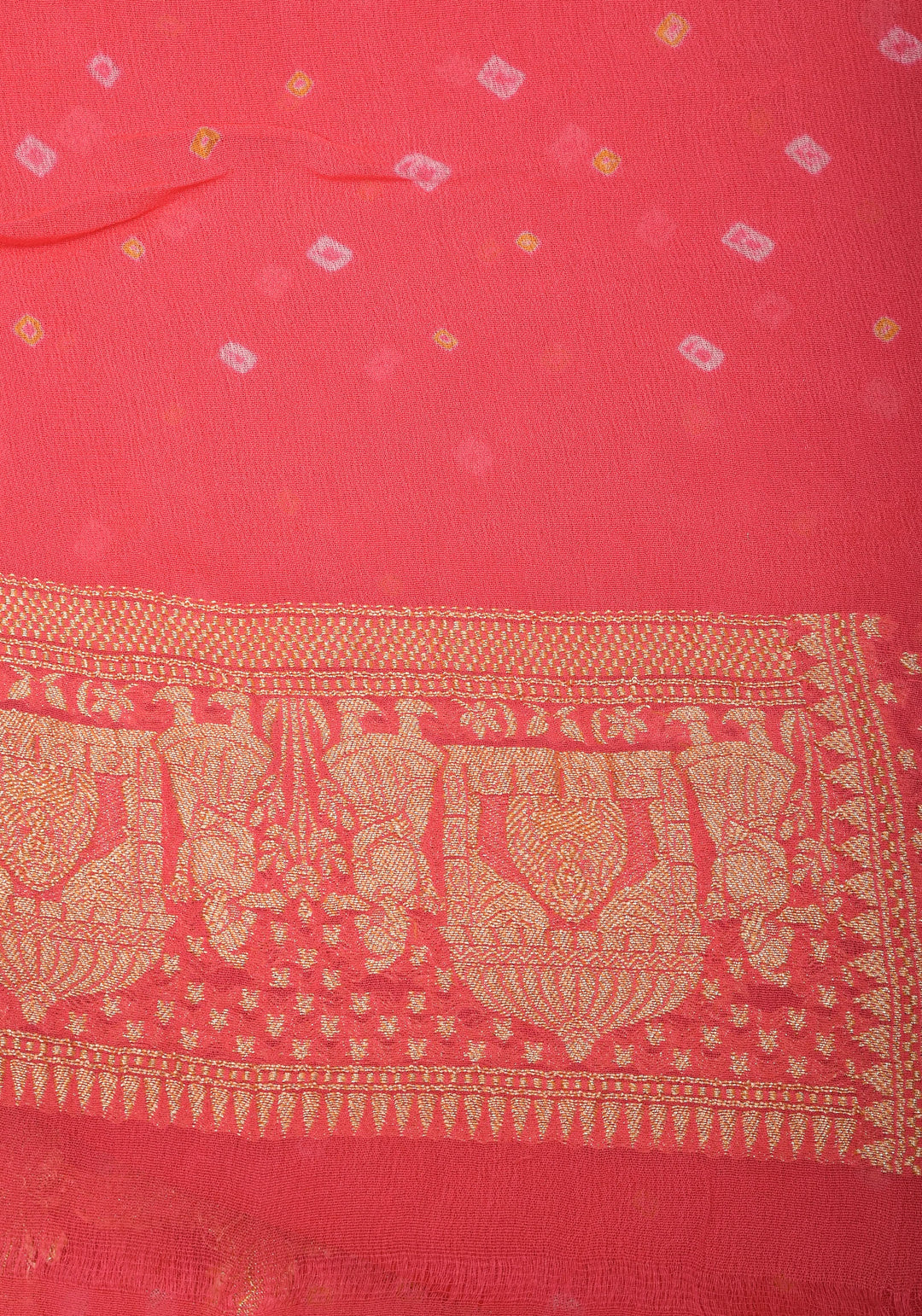 Coral Pink Color Authentic Bandhej on Shikaargah Peacock Jaal Pure Silk Georgette Banarasi Saree with Royal Procession | SILK MARK CERTIFIED