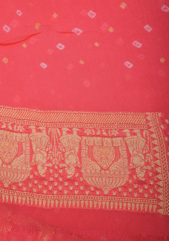 Coral Pink Color Authentic Bandhej on Shikaargah Peacock Jaal Pure Silk Georgette Banarasi Saree with Royal Procession | SILK MARK CERTIFIED