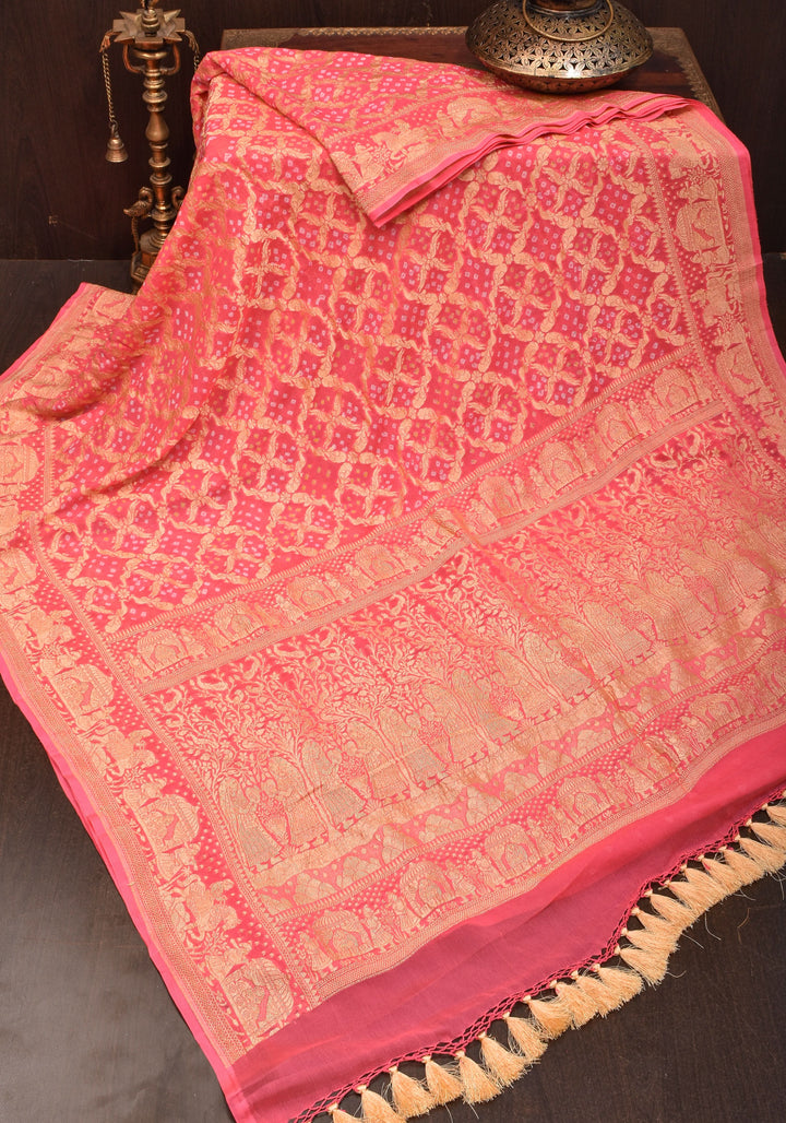 Coral Pink Color Authentic Bandhej on Shikaargah Peacock Jaal Pure Silk Georgette Banarasi Saree with Royal Procession | SILK MARK CERTIFIED