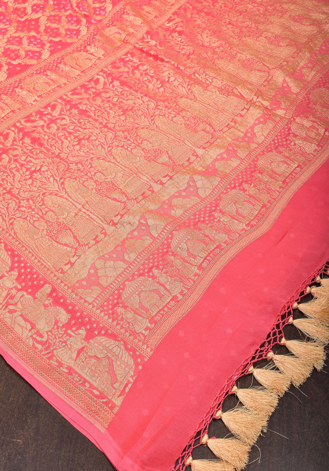 Coral Pink Color Authentic Bandhej on Shikaargah Peacock Jaal Pure Silk Georgette Banarasi Saree with Royal Procession | SILK MARK CERTIFIED