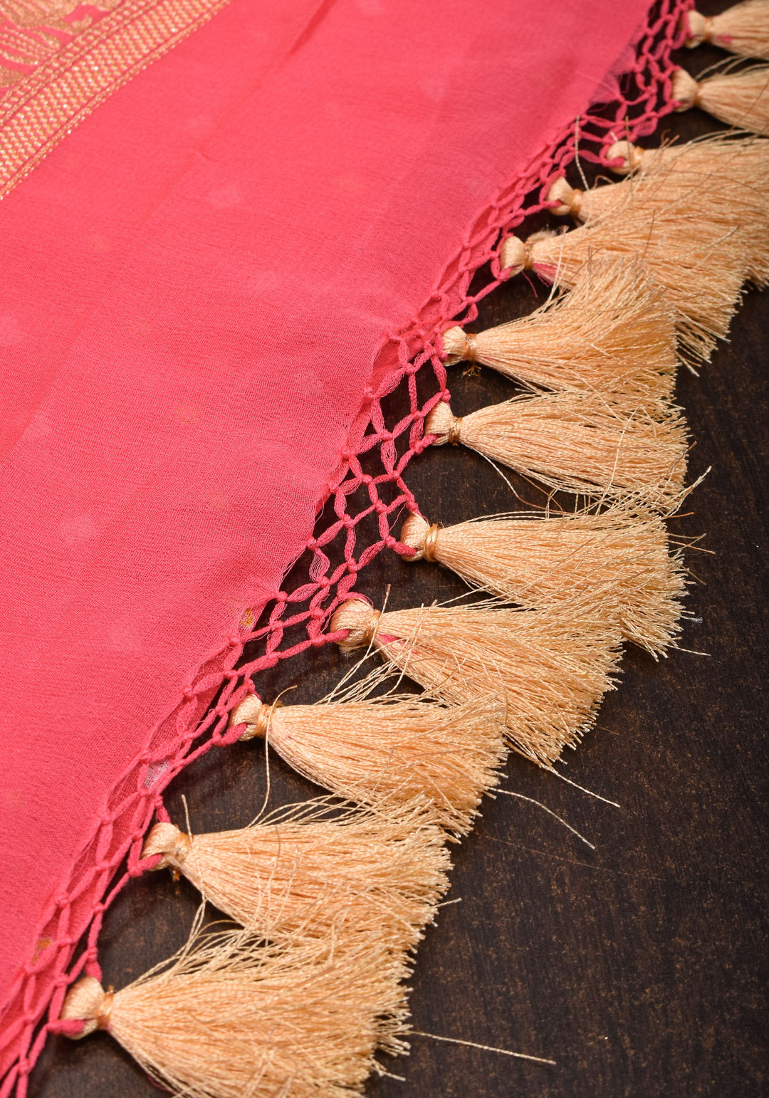 Coral Pink Color Authentic Bandhej on Shikaargah Peacock Jaal Pure Silk Georgette Banarasi Saree with Royal Procession | SILK MARK CERTIFIED