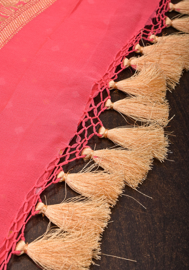 Coral Pink Color Authentic Bandhej on Shikaargah Peacock Jaal Pure Silk Georgette Banarasi Saree with Royal Procession | SILK MARK CERTIFIED