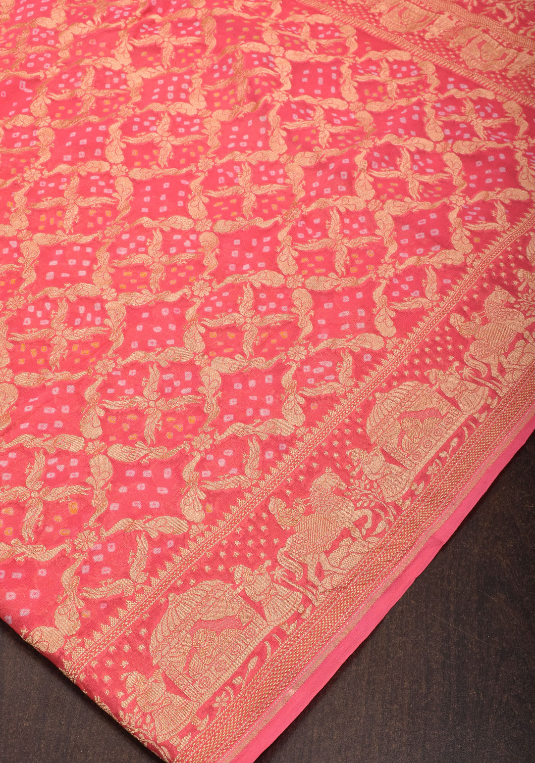Coral Pink Color Authentic Bandhej on Shikaargah Peacock Jaal Pure Silk Georgette Banarasi Saree with Royal Procession | SILK MARK CERTIFIED