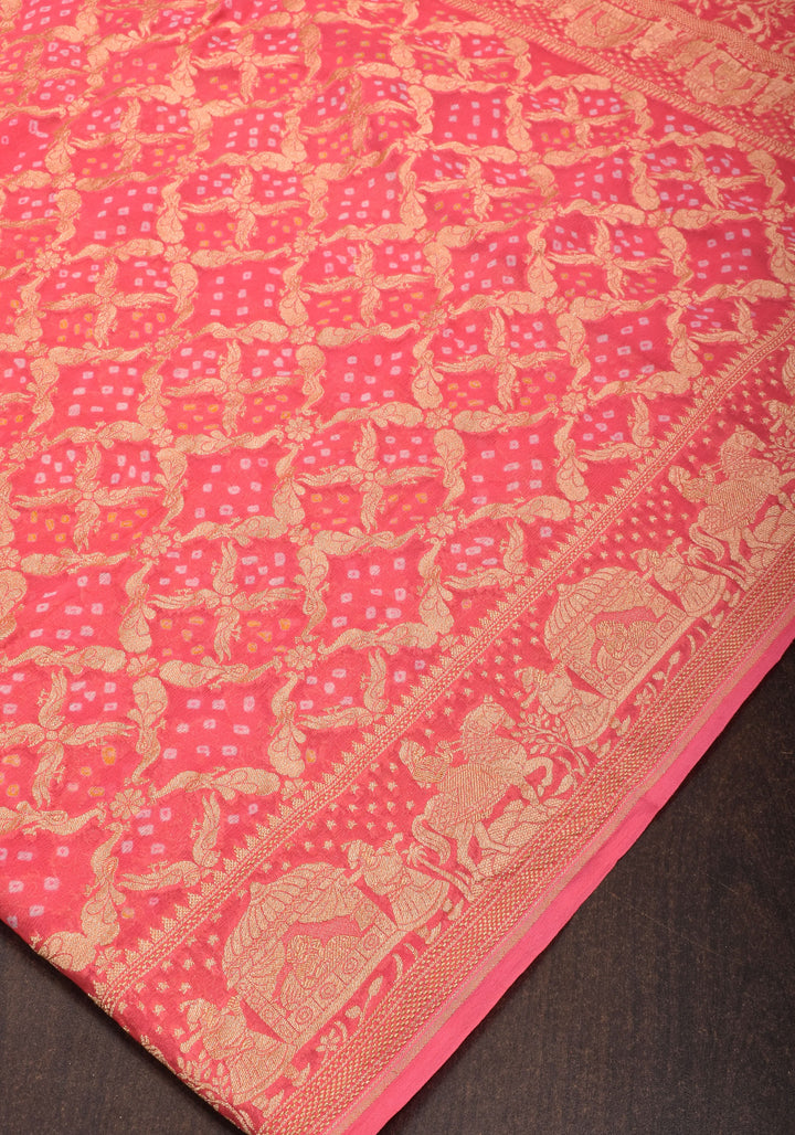 Coral Pink Color Authentic Bandhej on Shikaargah Peacock Jaal Pure Silk Georgette Banarasi Saree with Royal Procession | SILK MARK CERTIFIED