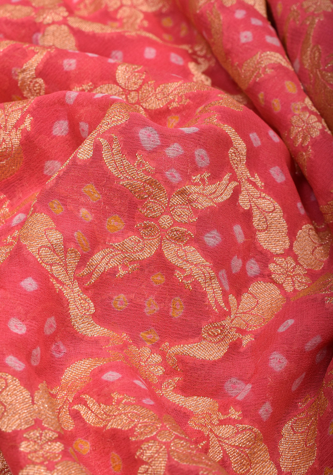 Coral Pink Color Authentic Bandhej on Shikaargah Peacock Jaal Pure Silk Georgette Banarasi Saree with Royal Procession | SILK MARK CERTIFIED