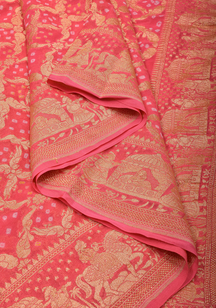 Coral Pink Color Authentic Bandhej on Shikaargah Peacock Jaal Pure Silk Georgette Banarasi Saree with Royal Procession | SILK MARK CERTIFIED