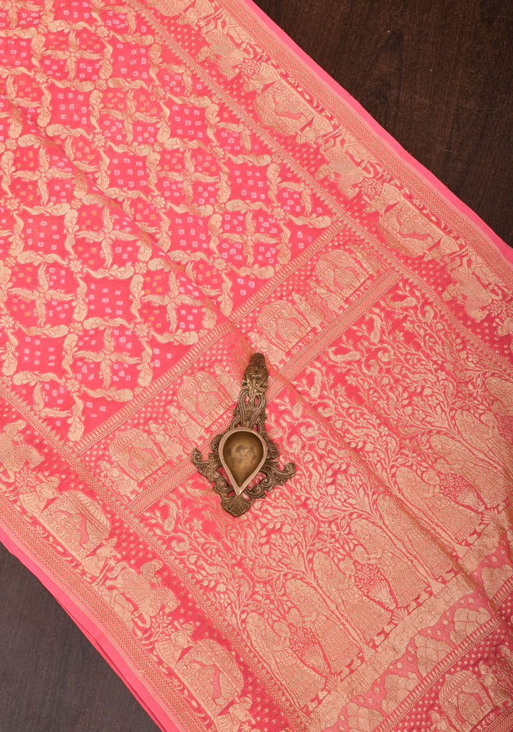 Coral Pink Color Authentic Bandhej on Shikaargah Peacock Jaal Pure Silk Georgette Banarasi Saree with Royal Procession | SILK MARK CERTIFIED