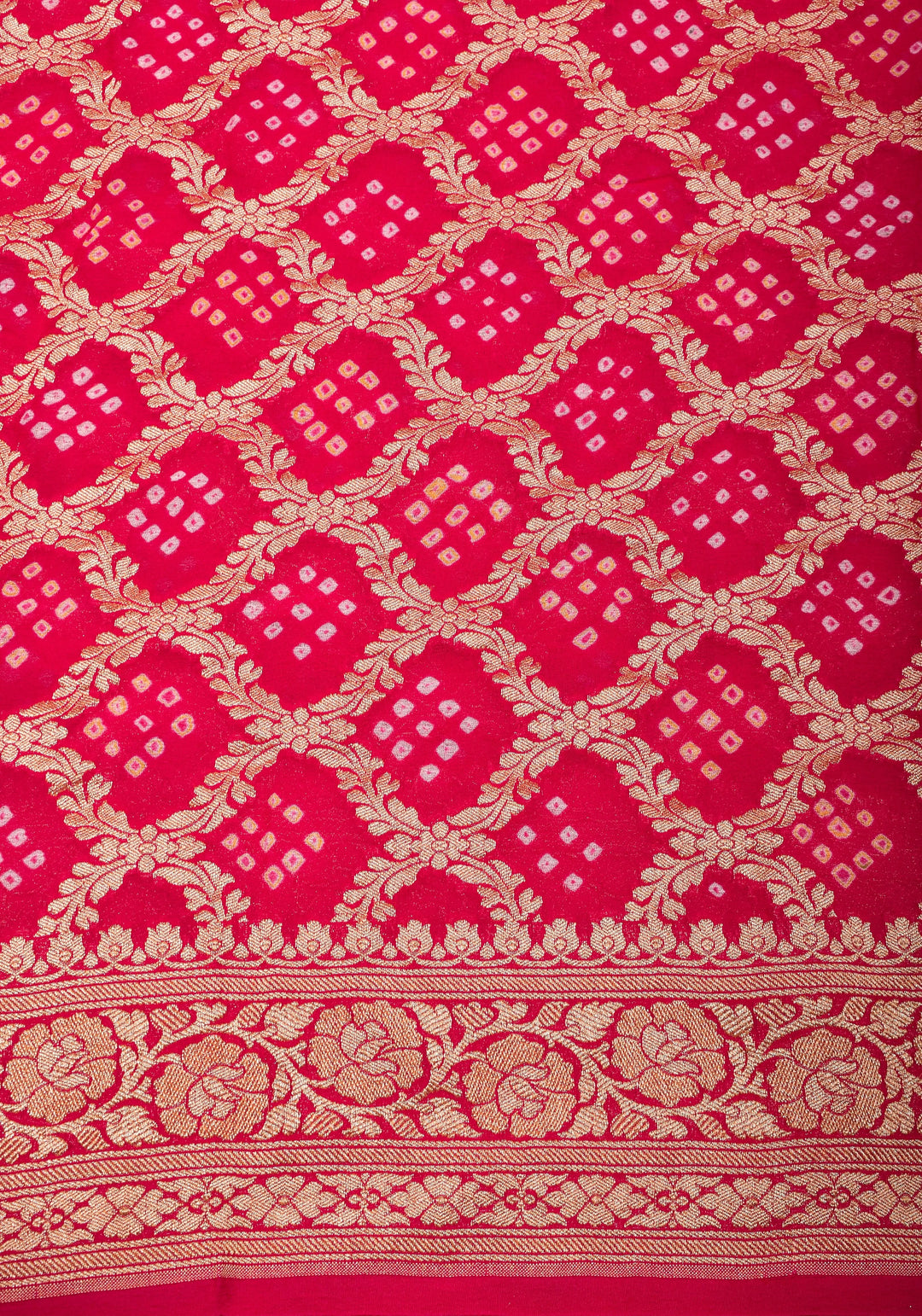 Sarkam Bandhni and Jaal Banarasi Half and Half Pattern pure Silk Georgette Saree in Peach and Pink | SILK MARK CERTIFIED