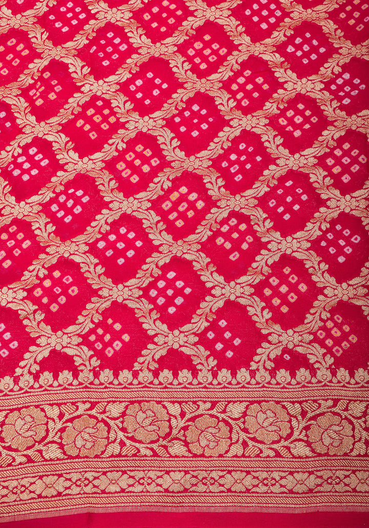 Sarkam Bandhni and Jaal Banarasi Half and Half Pattern pure Silk Georgette Saree in Peach and Pink | SILK MARK CERTIFIED