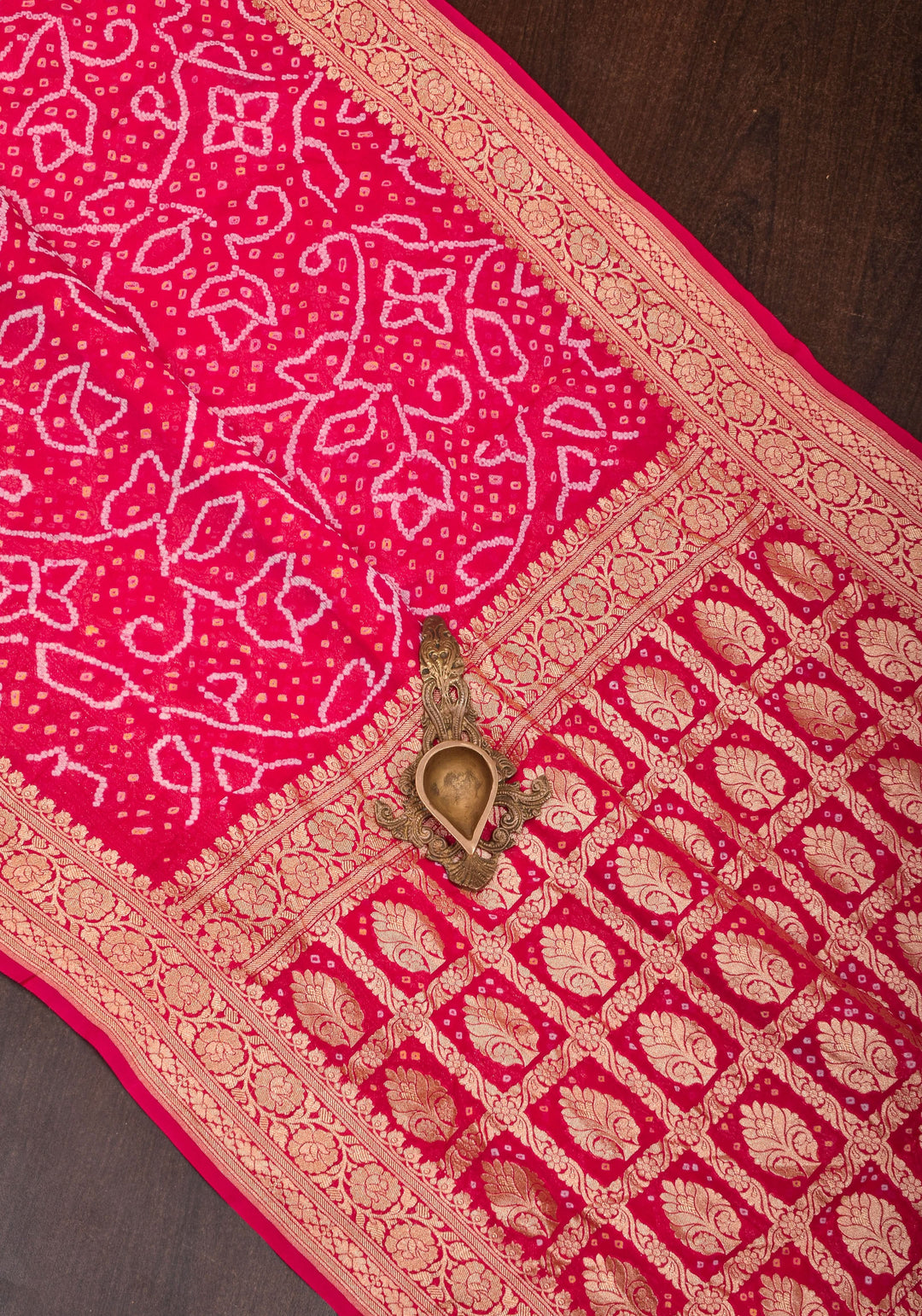 Sarkam Bandhni and Jaal Banarasi Half and Half Pattern pure Silk Georgette Saree in Peach and Pink | SILK MARK CERTIFIED