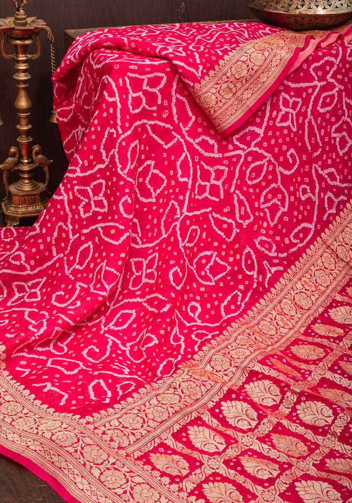 Sarkam Bandhni and Jaal Banarasi Half and Half Pattern pure Silk Georgette Saree in Peach and Pink | SILK MARK CERTIFIED