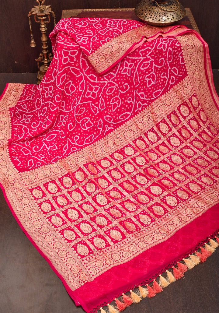 Sarkam Bandhni and Jaal Banarasi Half and Half Pattern pure Silk Georgette Saree in Peach and Pink | SILK MARK CERTIFIED