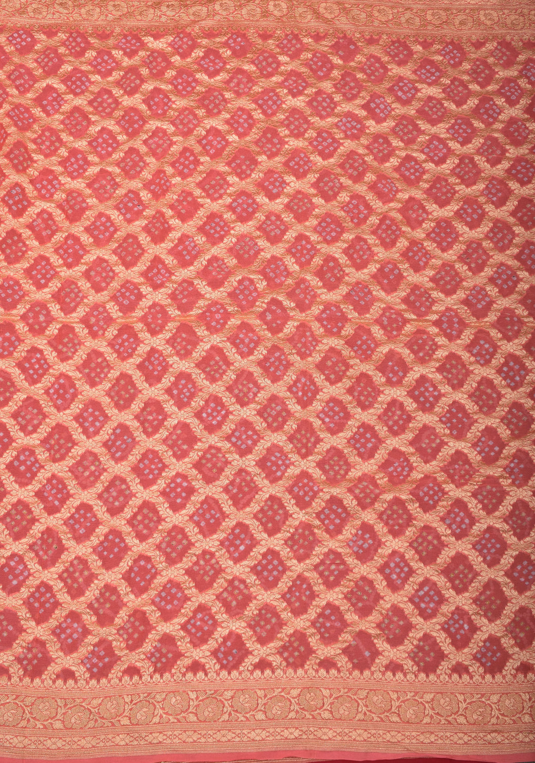 Sarkam Bandhni and Jaal Banarasi Half and Half Pattern pure Silk Georgette Saree in Peach and Pink | SILK MARK CERTIFIED