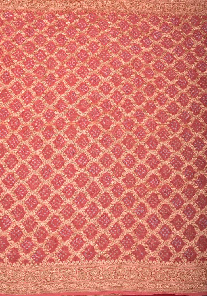 Sarkam Bandhni and Jaal Banarasi Half and Half Pattern pure Silk Georgette Saree in Peach and Pink | SILK MARK CERTIFIED