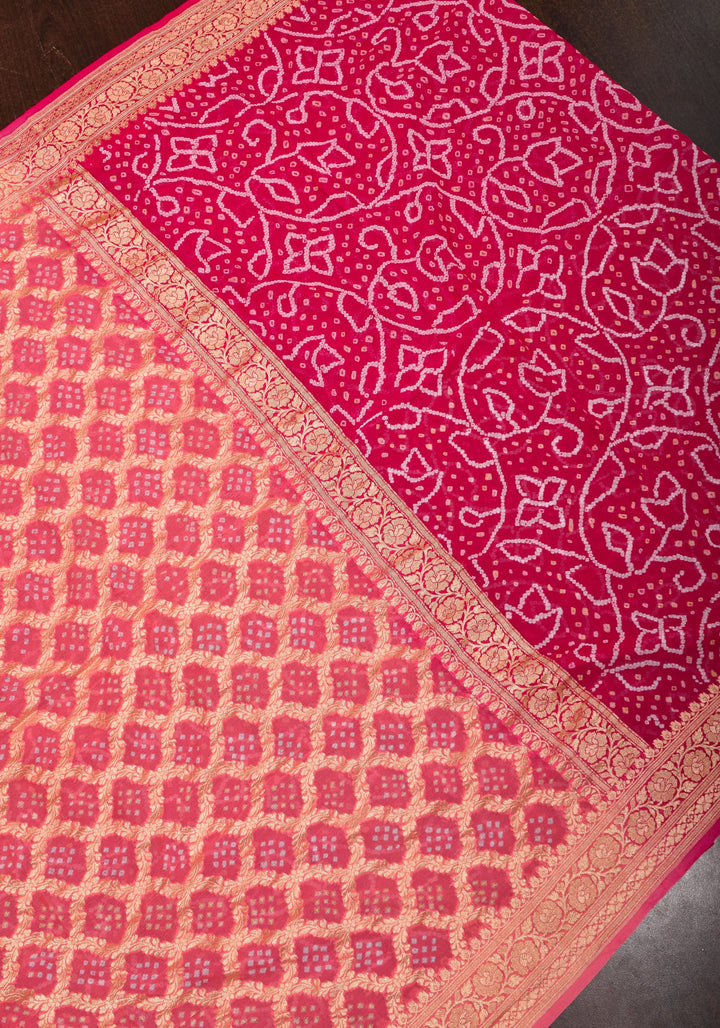 Sarkam Bandhni and Jaal Banarasi Half and Half Pattern pure Silk Georgette Saree in Peach and Pink | SILK MARK CERTIFIED