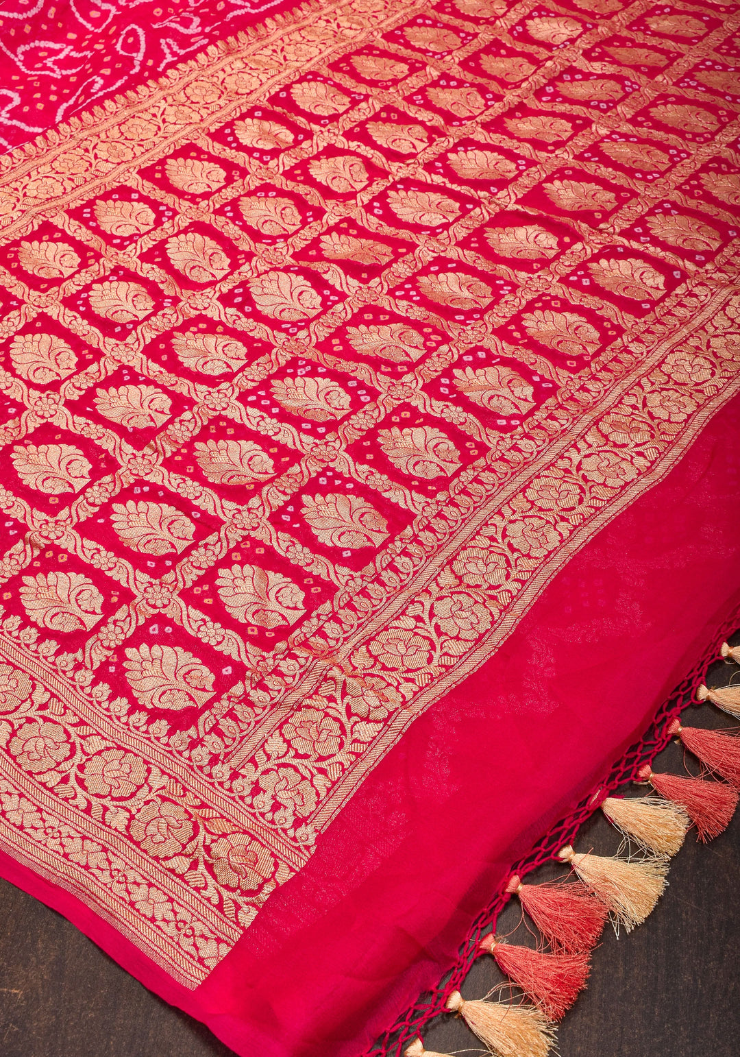 Sarkam Bandhni and Jaal Banarasi Half and Half Pattern pure Silk Georgette Saree in Peach and Pink | SILK MARK CERTIFIED