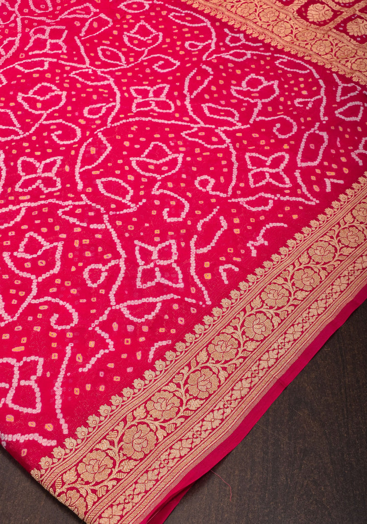 Sarkam Bandhni and Jaal Banarasi Half and Half Pattern pure Silk Georgette Saree in Peach and Pink | SILK MARK CERTIFIED