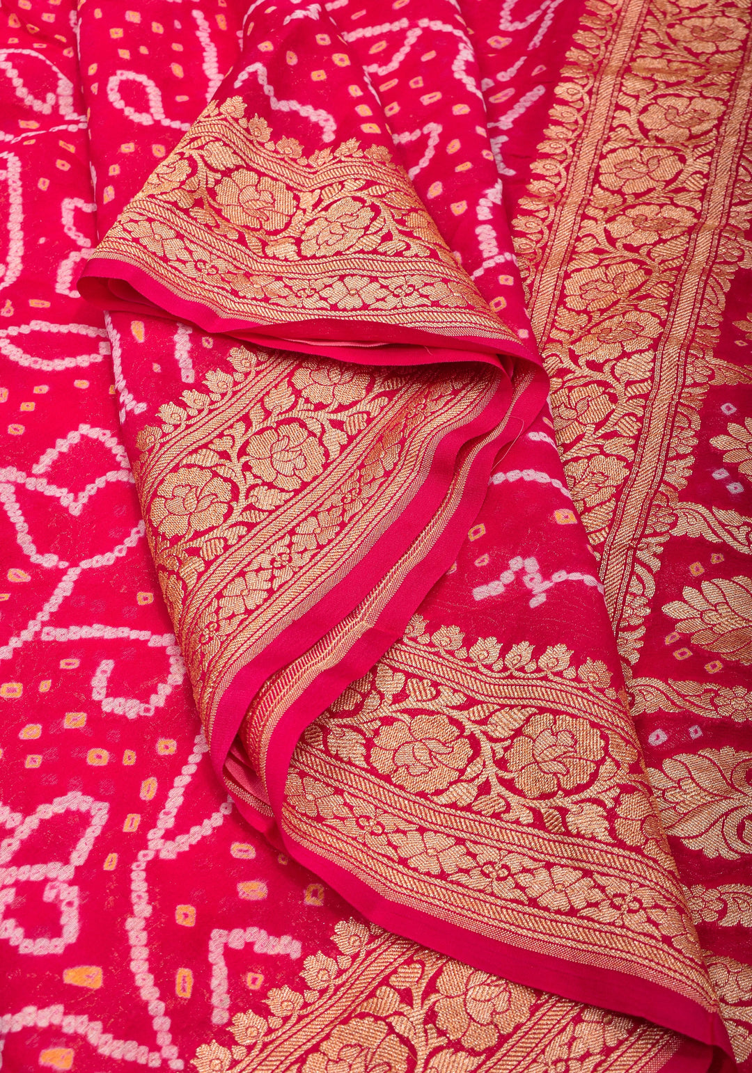 Sarkam Bandhni and Jaal Banarasi Half and Half Pattern pure Silk Georgette Saree in Peach and Pink | SILK MARK CERTIFIED
