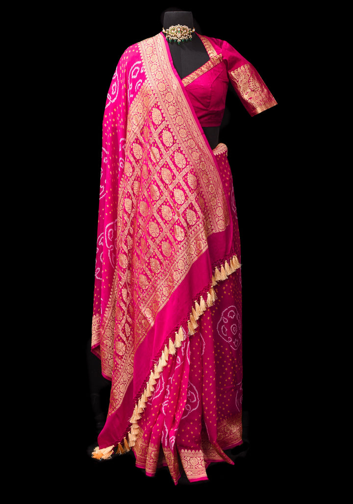 Authentic Sarkam Bandhej Silk Georgette Saree in Pink with Zari Border | SILK MARK CERTIFIED