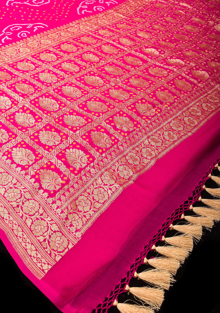 Authentic Sarkam Bandhej Silk Georgette Saree in Pink with Zari Border | SILK MARK CERTIFIED