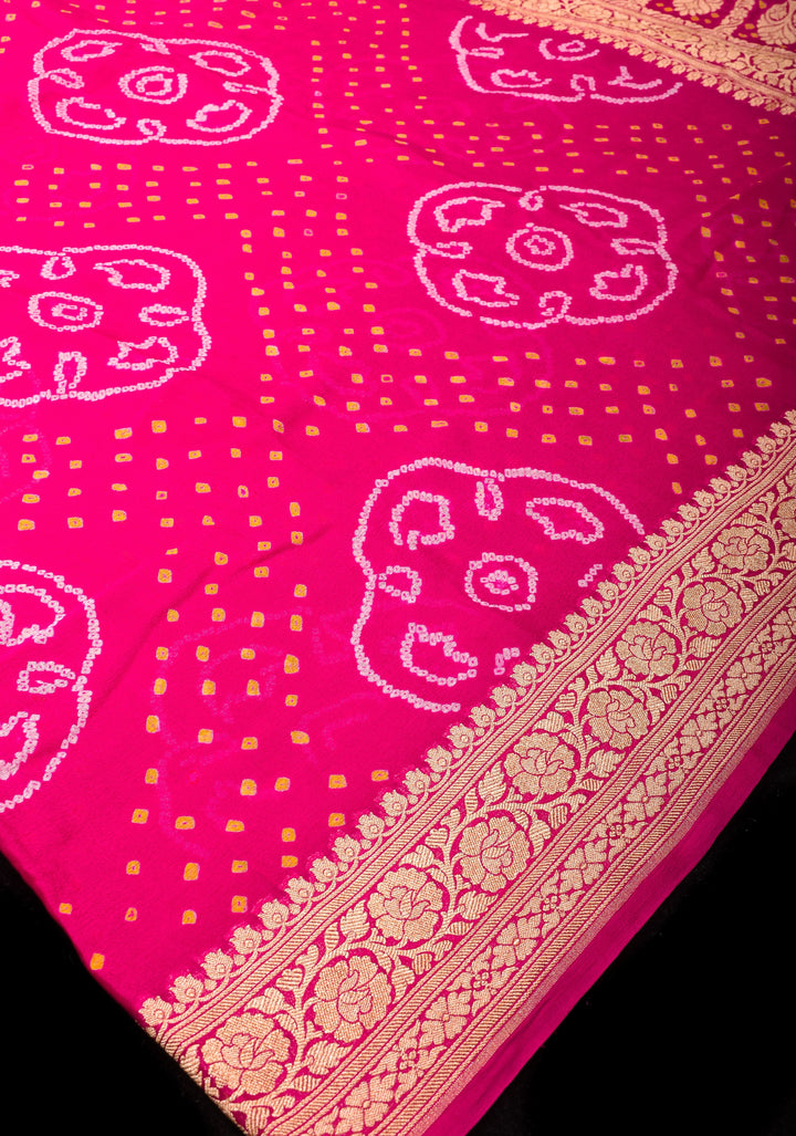 Authentic Sarkam Bandhej Silk Georgette Saree in Pink with Zari Border | SILK MARK CERTIFIED