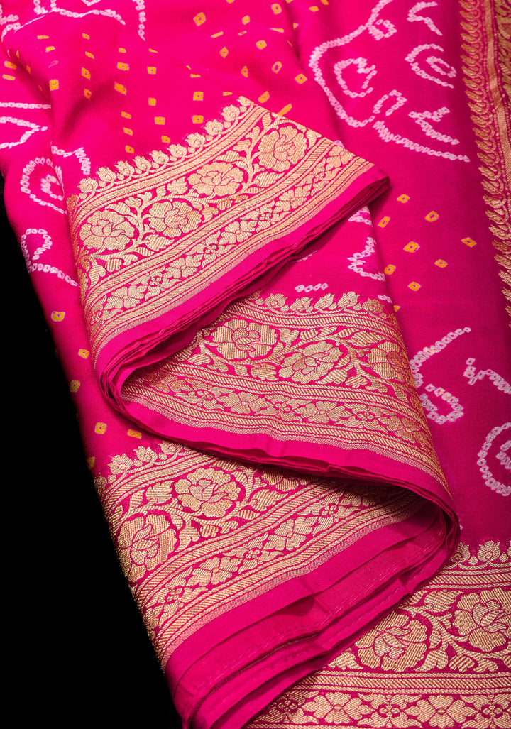 Authentic Sarkam Bandhej Silk Georgette Saree in Pink with Zari Border | SILK MARK CERTIFIED