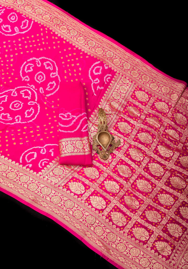 Authentic Sarkam Bandhej Silk Georgette Saree in Pink with Zari Border | SILK MARK CERTIFIED