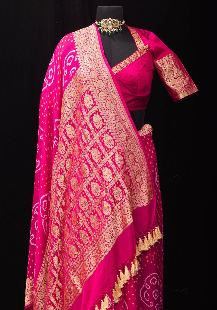 Authentic Sarkam Bandhej Silk Georgette Saree in Pink with Zari Border | SILK MARK CERTIFIED