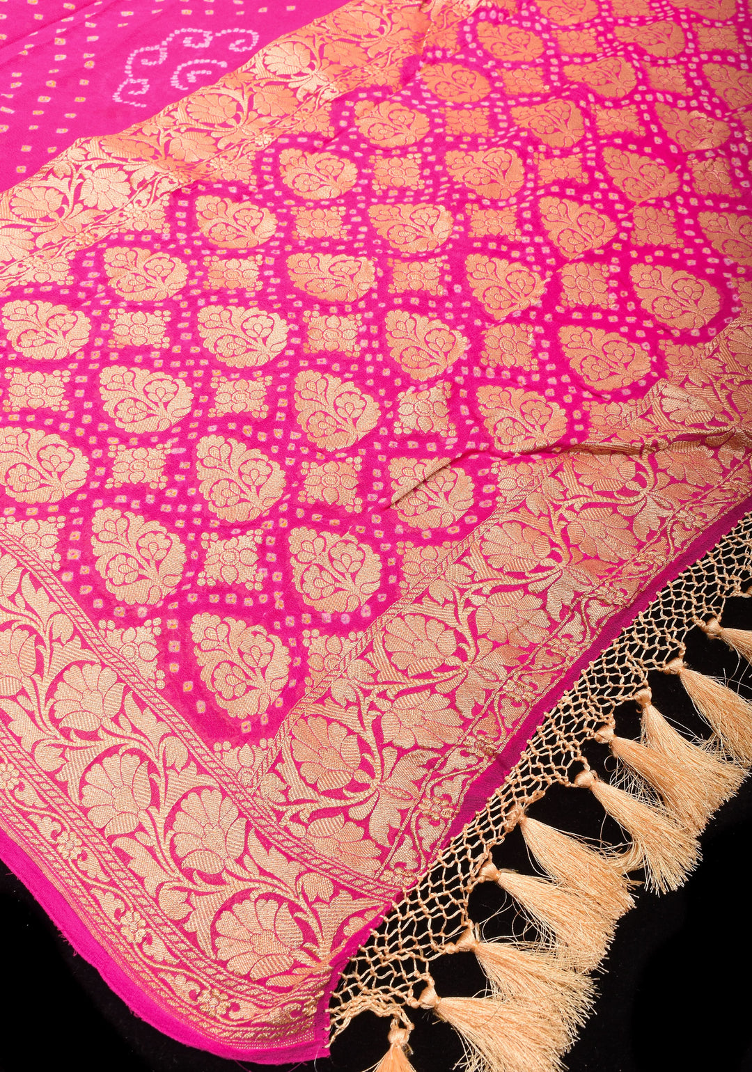 Lotus Pink Authentic Sarkam Bandhej Silk Georgette Saree with Zari Border | SILK MARK CERTIFIED