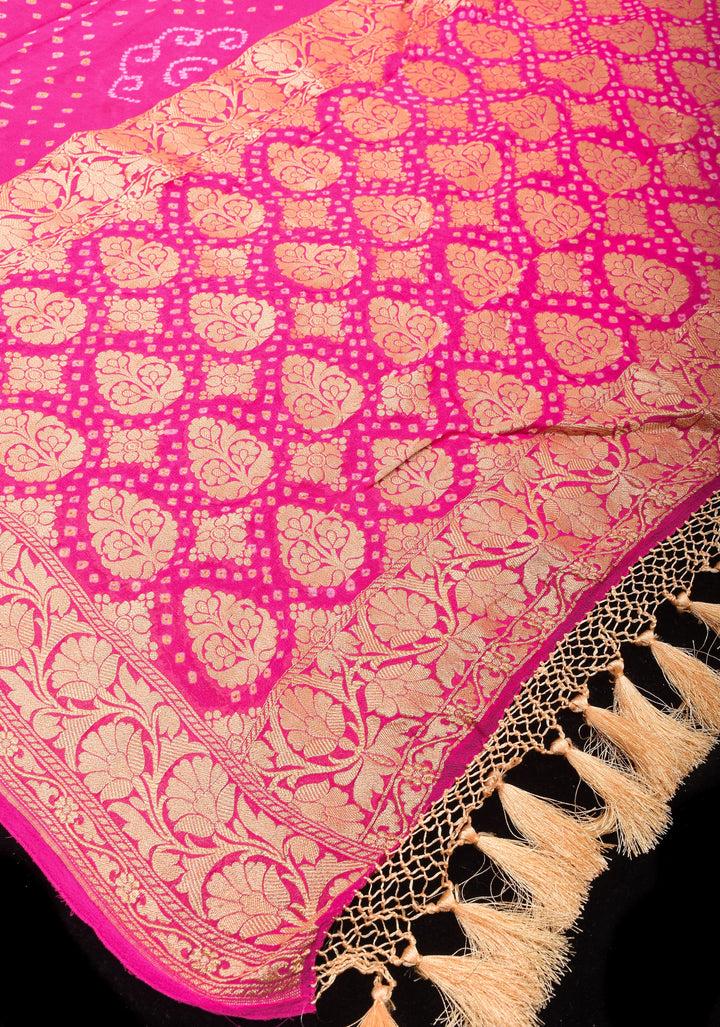 Lotus Pink Authentic Sarkam Bandhej Silk Georgette Saree with Zari Border | SILK MARK CERTIFIED