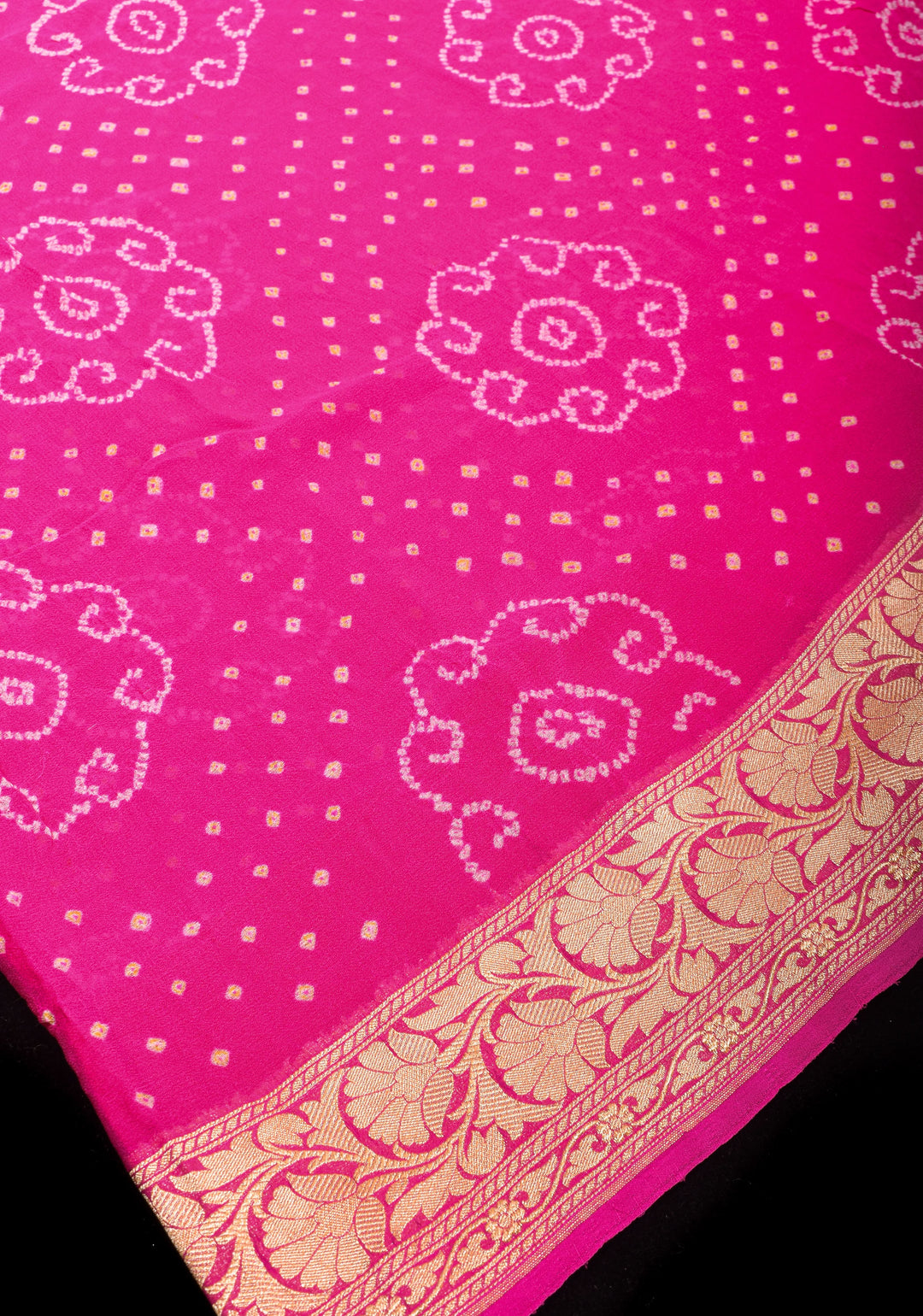 Lotus Pink Authentic Sarkam Bandhej Silk Georgette Saree with Zari Border | SILK MARK CERTIFIED