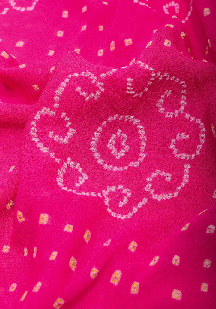 Lotus Pink Authentic Sarkam Bandhej Silk Georgette Saree with Zari Border | SILK MARK CERTIFIED